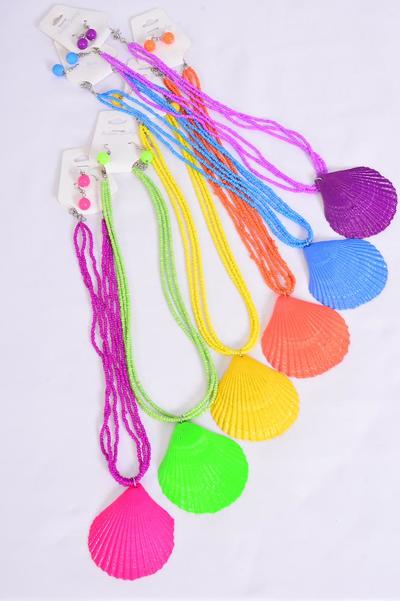 Necklace Sets Caribbean Neon Seashell Pendant Indian Beads / 12 pcs = Dozen Caribbean Neon , 18" Long , Pendant Size - 2" x 2" , 2 of each Color Mix , Hang Tag & OPP bag & UPC Code