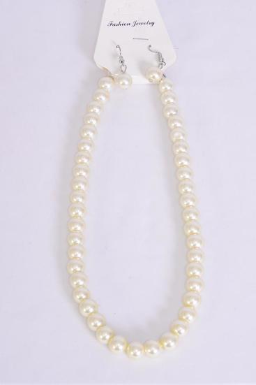 Necklace Sets 12 mm Glass Pearls Cream Cream / 12 pcs = Dozen Beige , Size-18" Extension Chain , Hang Tag & OPP Bag & UPC Code