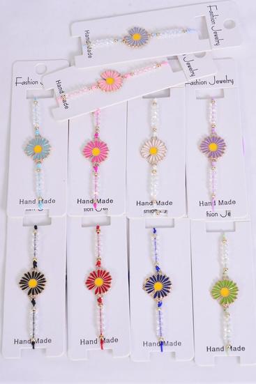 Bracelet Gold Daisy Enamel Multi / 12 pcs = Dozen Match 00087 Pull-String , Adjustable , 12 Color Mix , Individual Hang tag & OPP Bag & UPC Code