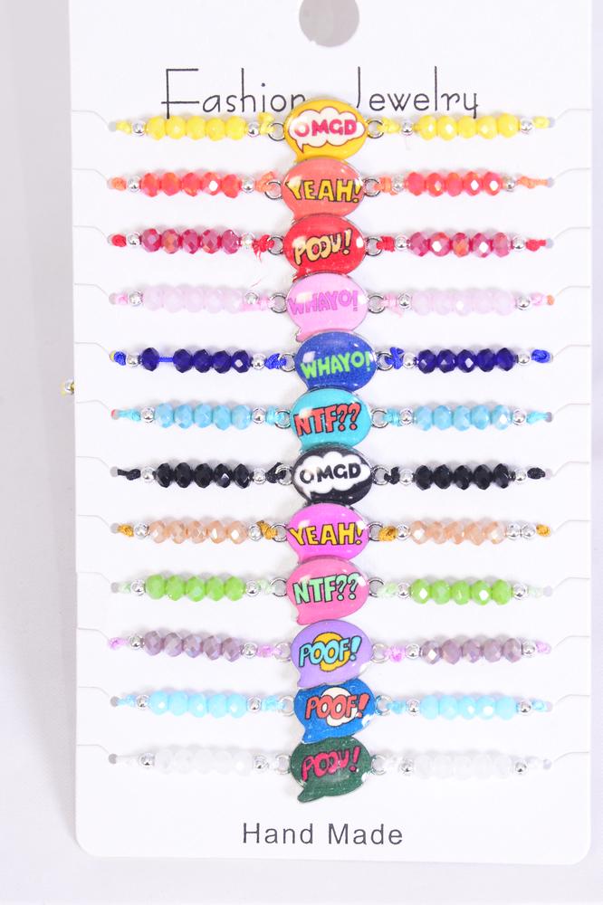 Bracelet Enamel Chat Phrase Abbreviations Glass Crystals / 12 pcs