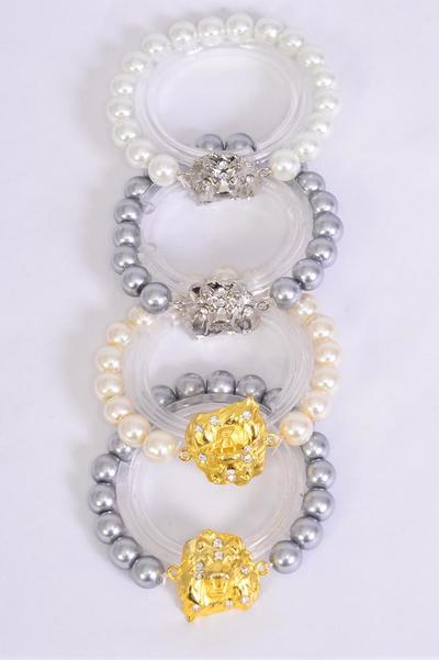 Bracelet 10 mm Glass Pearl Gold Lion Head / 12 pcs = Dozen Stretch , 3 of each Pattern Mix , Hang Tag & OPP Bag & UPC Code