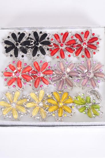 Rings Acrylic Large Cluster Flower Color Stones / 12 pcs = Dozen Disply Box Stretch , Flower Size - 1.5" Wide , 2 Black , 2 Red , 2 Fchsia , 2 Purple , 1 White , 1 Orange , 1 Yellow , 1 Lime Color Asst