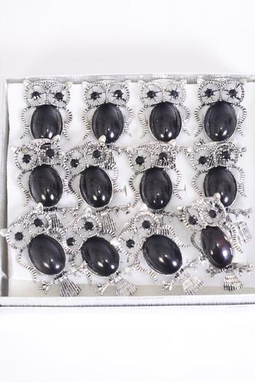 Rings Owl Black Poly Antique Finish / 12 pcs = Dozen  Stretch , Owl Size-1.25"x 2" Wide , 1 Dz Velvet Ring Display Window Box , OPP bag & UPC Code