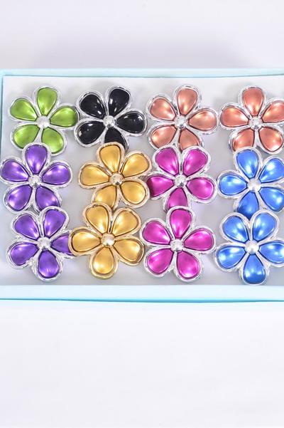 Rings Poly Flower Metallic Multi / 12 pcs = Dozen  Adjustable , Flower Size-1" Wide , 2 Fuchsia , 2 Blue , 2 Gold , 2 Silver , 2 Purple , 1 Lime , 1 Orange Color Asst