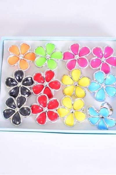 Rings Poly Large Flower Silver Trim Multi / 12 pcs = Dozen Adjustable , Flower Size-1.5" Wide , 2 Red , 2 Black , 2 Fuchsia , 2 Yellow , 2 Lime , 1 Blue , 1 Orange Color Asst