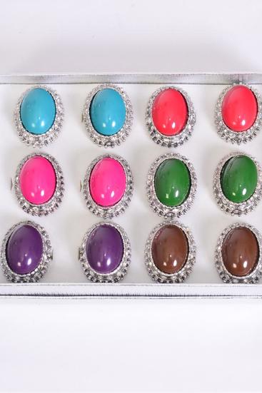 Rings Acrylic Oval Face Clear Rhinestones/DZ **Adjustable** Face Size- 1.25"x 1" Wide,2 of each Color Asst,1 DZ Velvet Ring Display Window Box,OPP bag & UPC Code -