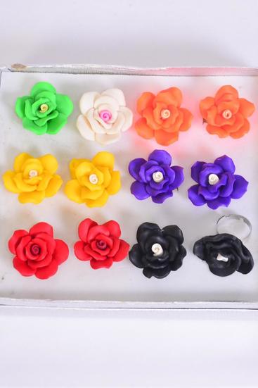 Rings Clay Rose Hand Paint Multi / 12 pcs = Dozen Adjustable , Flower Size-1" Wide , 2 Black , 2 Red , 2 Yellow , 2 Purple , 2 Orange , 1 White , 1 Green Color Asst 