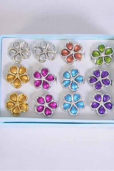 Rings Poly Flower Metallic Silver Trim / 12 pcs = Dozen Adjustable , Flower Size-1" Wide , 2 Fuchsia , 2 Blue , 2 Gold , 2 Silver , 2 Purple , 1 Lime ,1 Orange Color Asst