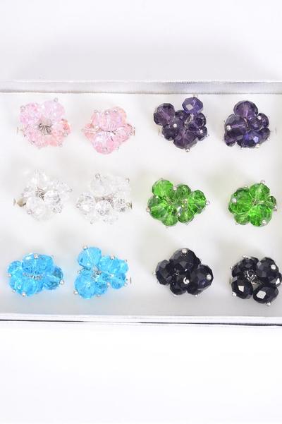 Rings Glass Crystal Charms Multi / 12 pcs = Dozen Adjustable , Width 1.25" Wide , 2 of each Color Asst , 1DZ Velvet Ring Display Window Box,W OPP bag & UPC Code -