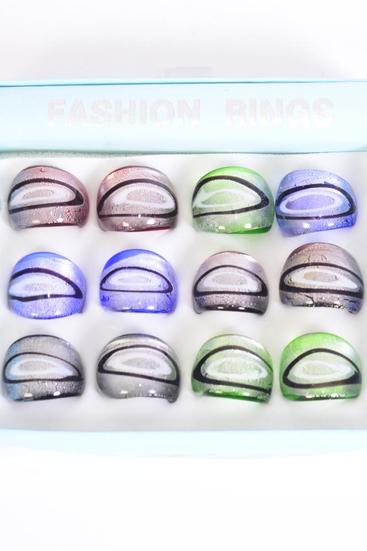 Rings Venetian Glass Multi / 12 pcs = Dozen Size - 0.75" Wide , Size - 6 7 8 9 Mix , 2 of each Color Asst , 1 DZ Velvet Ring Display Window Box , W OPP bag & UPC Code