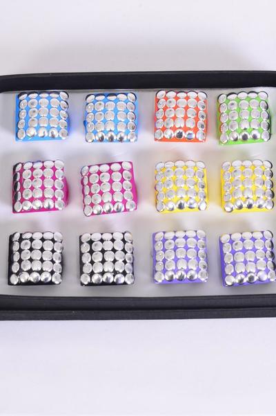 Rings Acrylic Square Silver Studded Multi/DZ **Multi** Size-With 1" Wide,2 Black,2 Fuchsia,2 Blue,2 Lavender,2 Yellow,1 Lime,1 Orange,7 Color Mix,Size- 6 7 8 9 Pr Mix