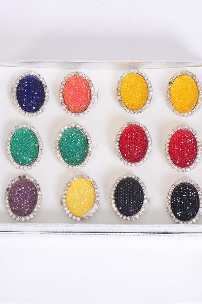 Rings Poly Oval Rhinestone All Around Multi / 12 pcs = Dozen Adjustable , Face Size - 1.25" x 1" Wide , 2 Purple , 2 Yellow , 2 Red , 2 Blue , 1 Pink , 1 Black , 1 Navy , 1 Clear Color Asst