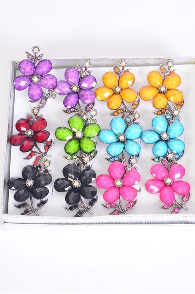 Rings Flower Acrylic Marble Rhinestones Adjustable / 12 pcs = Dozen Adjustable , Flower Size-1.5"x 1.25" Wide , 2 Black , 2 Pink , 2 Yellow , 2 Red , 2 Blue , 1 Green , 1 Purple Color Asst.