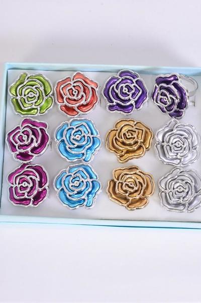 Ring Poly Rose Metallic Silver Trim Multi / 12 pcs = Dozen Adjustable , Rose Size-1.5" Wide , 2 Gold , 2 Silver , 2 Fuchsia , 2 Blue , 2 Purple , 1 Lime , 1 Orange Color Asst