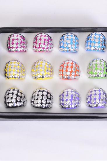 Rings Acrylic Dome Shape Silver Studded multi/DY/DZ **Multi** Size-With 1" Wide,2 Black,2 Fuchsia,2 Blue,2 Lavender,2 Yellow,1 Lime,1 Orange,7 Color Mix,Size- 6 7 8 9 Pr Mix