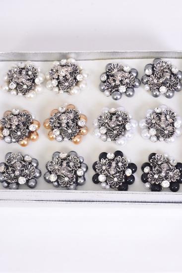 Rings Cluster Pearls & Daisy Flowers Center Frog / Dozen Adjustable , Face Size-1.25" Wide ,4 Gray , 2 White ,2 Cream ,2 Black ,2 Gold Pearl Mix ,1DZ Velvet Ring Display Box & OPP bag & UPC Code 
