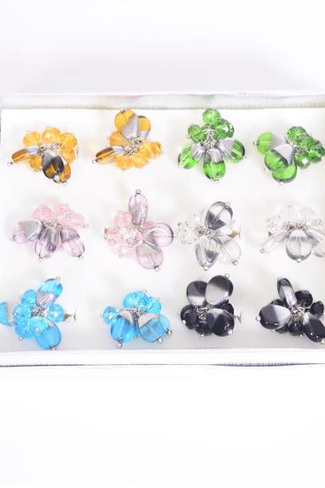 Rings Venetian Glass Crystal Charms Mix Multi / 12 pcs = Dozen Adjustable , Multi, 2 of each Color Asst , Velvet Ring Display Window Box & OPP  bag & UPC Code