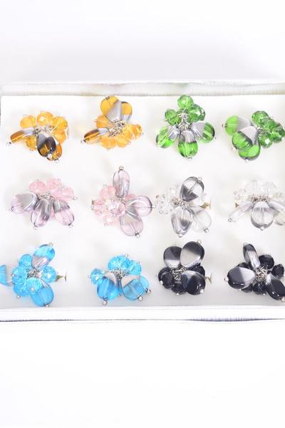 Rings Venetian Glass Crystal Charms Mix Multi / 12 pcs = Dozen Adjustable , Multi, 2 of each Color Asst , Velvet Ring Display Window Box & OPP  bag & UPC Code