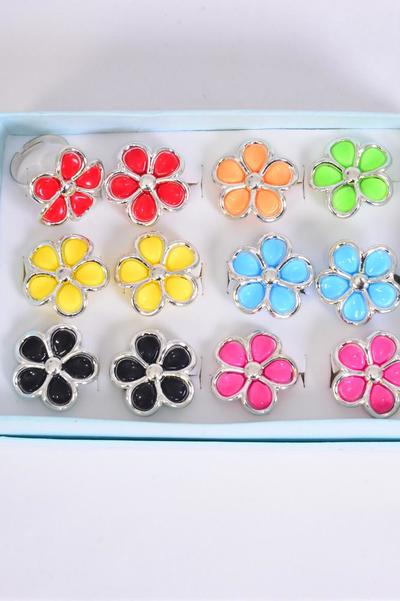 Rings Poly Flower Multi Silver Trim / 12 pcs = Dozen Adjustable , Flower Size-1" Wide , 2 Red , 2 Black , 2 Fuchsia , 2 Yellow , 2 Lime , 1 Blue ,1 Orange Color Asst