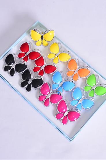 Rings Poly Butterfly Multi Silver Trim / 12 pcs = Dozen Adjustable , Flower Size - 2" x 1.5" Wide , 2 Red , 2 Black , 2 Fuchsia , 2 Yellow , 2 Lime , 1 Blue , 1 Orange Color Asst .