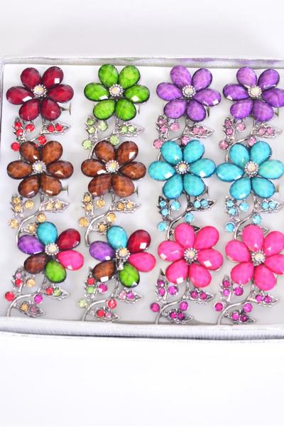 Rings Flower Acrylic Marble & Rhinestone mix Adjustable / 12 pcs = Dozen   Adjustable , Flower Size - 2" x 1" Wide , 2 Fuchsia , 2 Brown , 2 Purple , 2 Blue , 2 Multi , 1 Red , 1 Lime Color Asst
