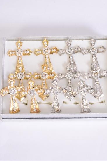 Rings Metal Cross Clear Rhinestones / 12 pcs = Dozen Adjustable , Cross Size - 2" x 1.75" Wide , 6 Gold , 6 Silver Mix , 1 Dozen Velvet Display Window Box & OPP Bag & UPC Code