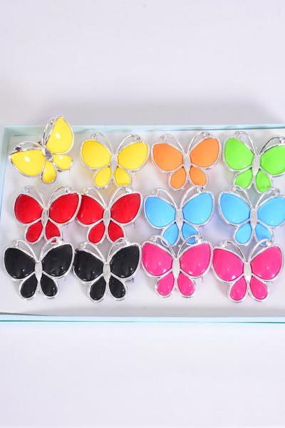 Rings Poly Butterfly Multi Silver Trim / 12 pcs = Dozen Adjustable , Flower Size-2"x 1.5" Wide , 2 Red , 2 Black , 2 Fuchsia , 2 Yellow , 2 Lime , 1 Blue , 1 Orange Color Asst .