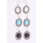Earrings Metal Antique Oval Semiprecious Stone/DZ **Fish Hook** Size-1.25"x 1" Wide,4 Black,4 Ivory,4 Turquoise Asst,Earring Card & OPP Bag & UPC Code -