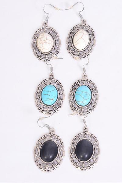 Earrings Metal Antique Oval Semiprecious Stone / 12 pair = Dozen Fish Hook , Size - 1.25" x 1" Wide , 4 Black , 4 Ivory , 4 Turquoise Asst , Earring Card & OPP Bag & UPC Code 