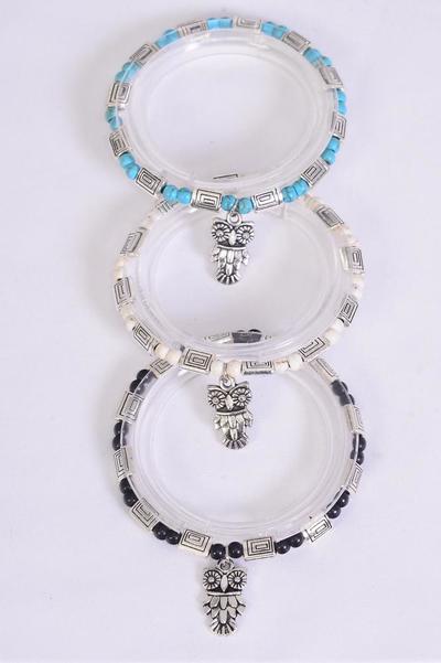 Bracelet Semiprecious Stone Owl Charm Stretch / 12 pcs = Dozen Stretch , 4 Black , 4 Ivory , 4 Turquoise Color Asst , Hang Tag & Opp Bag & UPC Code