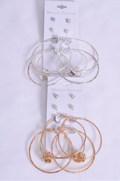 Earrings 4 pair Metal Loop Moving Ball Studs Miix / 48 pair = Dozen Post , Loop Size - 2.25" Wide , 6 Gold & 6 Silver Mix , Earring Card & OPP Bag & UPC Code , 4 pair per card , 12 card = Dozen 