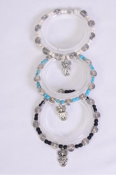 Bracelet Semiprecious Stone Owl Charm Stretch  / 12 pcs = Dozen Stretch , Black , 4 Ivory , 4 Turquoise Color Asst , Hang Tag & Opp Bag & UPC Code