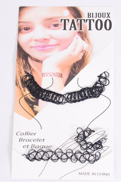 Necklace Set 36 pcs Tattoo Choker Bracelet Ring Stretch Necklace Black / 12 card = Dozen Display Card & OPP Bag & UPC Code , 3 pcs per Card , 12 card = Dozen