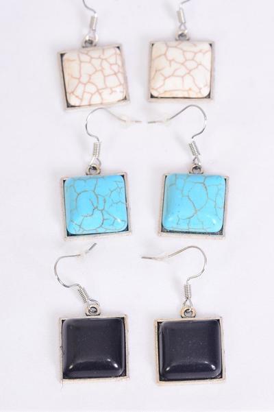 Earrings Metal Antique Square Semiprecious Stone / 12 pair = Dozen Fish Hook , Size-0.75" Wide , 4 Black , 4 Ivory , 4 Turquoise Asst , Earring Card & OPP Bag & UPC Code-