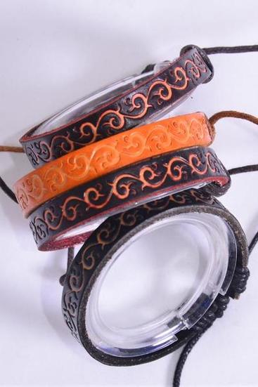 Bracelet Real Leather Band Stamps / 12 pcs = Dozen Unisex , Adjustable , 3 of each Pattern Asst , Hang Tag & OPP Bag & UPC Code
