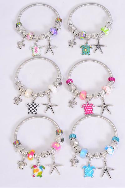 Bracelet Charm Bracelet Starfisf Enamel Turtle Charm Mix / 12 pcs = Dozen match 00082 Stretch , 2 Of each Pattern Asst , Hang Tag & OPP Bag                                         -