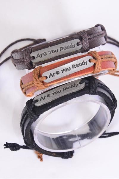Bracelet Real Leather Band Are You Ready / 12 pcs = Dozen Unisex , Adjustable , 4 of each Pattern Mix , Individual Hang tag & OPP Bag & UPC Code
