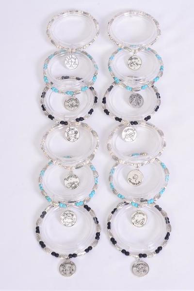 Bracelet 6 mm Semiprecious Stone w Greek Myth Zodiac Sign Charm Stretch / 12 pcs = Dozen Stretch , 12 Month Asst , 4 of each Color Asst , Hang Tag & Opp Bag & UPC Code