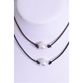 Necklace Choker Real Leather 12 mm ABS Pearl/DZ Size-14" Extension Chain,6 Black,6 Brown Leather Asst,6 of each Color Asst,Display Card & OPP Bag & UPC Code