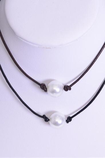 Necklace Choker Real Leather 12 mm ABS Pearl / 12 pcs = Dozen Size - 14" Extension Chain , 6 Black , 6 Brown Leather Asst , Display Card & OPP Bag & UPC Code