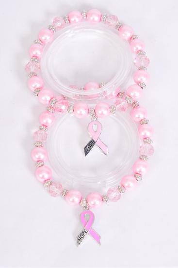 Charm Bracelet 8 mm Glass Pearl & Crystal Pink Ribbon Hope/DZ match 00130 **Stretch** 6 of each Color Asst,Hang Tag & OPP Bag & UPC Code
