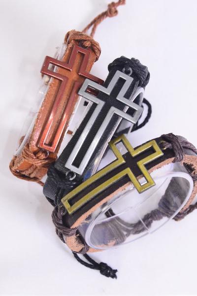 Bracelet Real Leather Band Sideways Open Cross / 12 pcs = Dozen  Unisex , Adjustable , 4 of each Pattern Mix , Individual Hang tag & OPP Bag & UPC Code