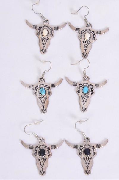 Earrings Metal Antique Bull Head Semiprecious Stone / 12 pair = Dozen Match 70313 Fish Hook , Size - 1.75" x 1.5" Wide , 4 Black , 4 Ivory , 4 Turquoise Asst , Earring Card & OPP Bag & UPC Code-