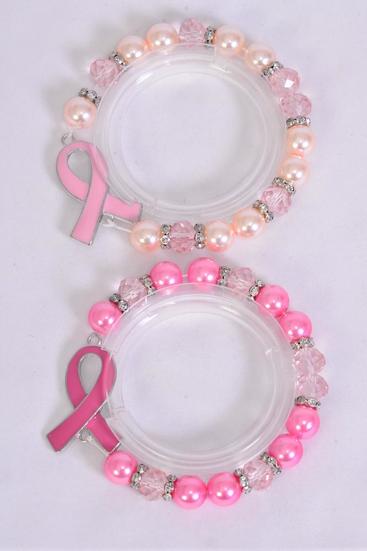 Bracelet Glass Pearl 10 mm Pink Ribbon Rhineston Bezel/DZ Stretch,6 of each Color Asst,Hang Tag & OPP bag & UPC Code