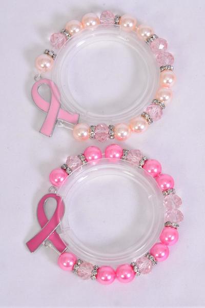 Bracelet Glass Pearl 10 mm Pink Ribbon Rhineston Bezel / 12 pcs = Dozen Stretch , 6 of each Color Asst , Hang Tag & OPP bag & UPC Code