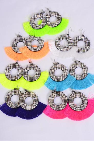 Earrings Fringe Tassels Multi / 12 Pair = Dozen Fish Hook , Size - 3" x 2.5" , 2  Fuchsia , 2 Turquoise , 2 White , 2 Purple , 2 Yelloe , 1 Orange , 1 Lime Asst , Earring Card & OPP Bag & UPC Code