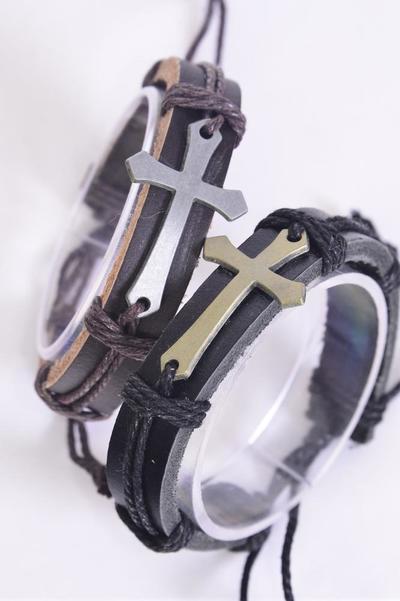 Bracelet Real Leather Band Sideways Cross / 12 pcs = Dozen  Unisex , Adjustable , 6 of each Pattern Mix , Individual Hang tag & OPP Bag & UPC Code