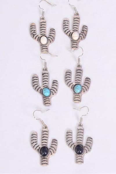 Earrings Metal Antique Cactus Semiprecious Stone / 12 pair = Dozen Match 70314  Fish Hook , Size - 1.5" x 0.75" Wide , 4 Black , 4 Ivor y , 4 Turquoise Asst , Earring Card & OPP Bag & UPC Code