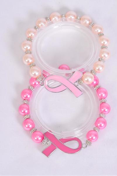 Bracelet Enamel Pink Ribbon 12 mm Pearl / 12 pcs = Dozen match 03101 Stretch , 6 of each Pattern Asst , Hang Tag & OPP bag & UPC Code