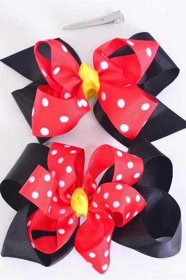 Hair Bow Jumbo Double Layered Polka dots Grosgrain Bow-tie / 12 pcs Bow = Dozen  Alligator Clip , Size - 6" x 5" Wide , 6 Of Each Pattern Asst , Clip Strip & UPC Code